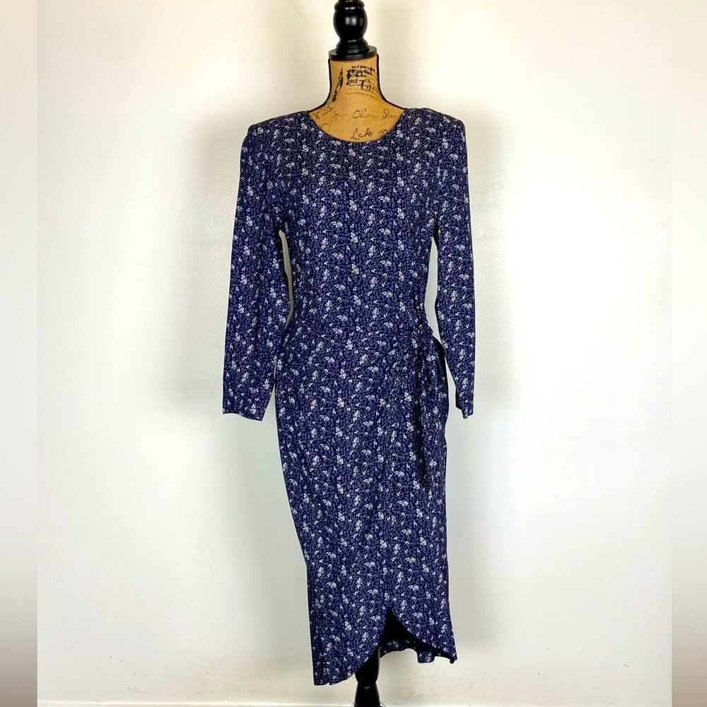 Weathervane 80s 90s Ditsy Floral Midi Dress 8 Blue Prairie Cottage Long Sleeves
